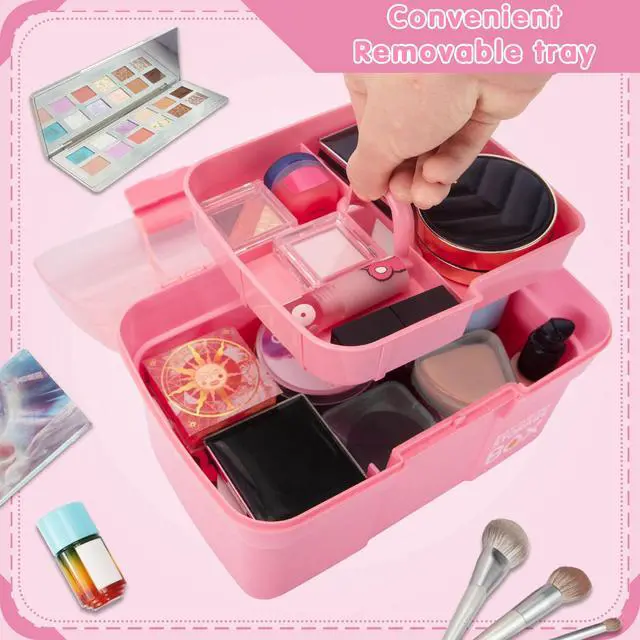 Alt view image 5 of 7 - 11in Mutipurpose Storage Box Organizer with Removable Tray, Portable Small Craft Organizer with Handle, Plastic Clear Tool Box Art Case for Makeup, Sewing, Nail, Hair Accessories (Pink)
