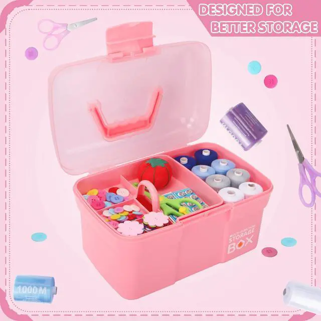 Alt view image 6 of 7 - 11in Mutipurpose Storage Box Organizer with Removable Tray, Portable Small Craft Organizer with Handle, Plastic Clear Tool Box Art Case for Makeup, Sewing, Nail, Hair Accessories (Pink)