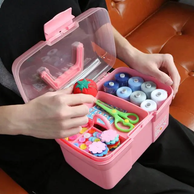 Alt view image 7 of 7 - 11in Mutipurpose Storage Box Organizer with Removable Tray, Portable Small Craft Organizer with Handle, Plastic Clear Tool Box Art Case for Makeup, Sewing, Nail, Hair Accessories (Pink)