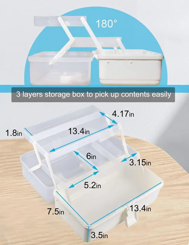 Alt view image 3 of 6 - 3 Layer Multipurpose Storage Box White Tackle Box Organizer - Craft Organizer with Handle, Portable Art Supplies Case, Medicine First Aid Box, Sewing & Tool Organizer with Divided Trays