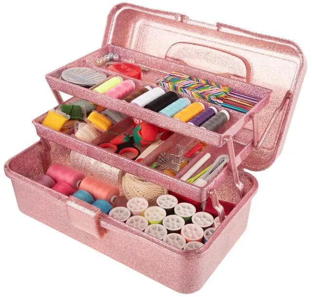 Main image of Glitter Pink 3 Layer Craft Storage Box, Pink Tackle Box Organizer