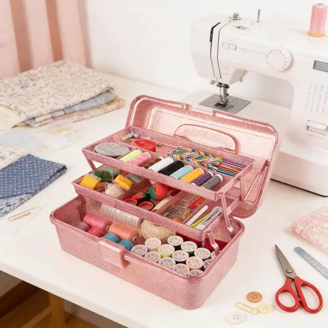 Alt view image 4 of 7 - Glitter Pink 3 Layer Craft Storage Box, Pink Tackle Box Organizer