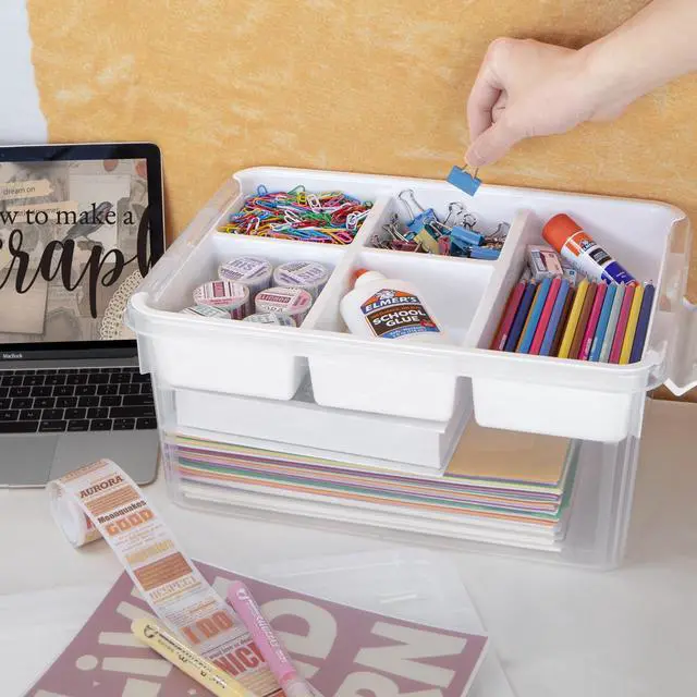 Alt view image 3 of 6 - 17 QT Craft Organizers and Storage with Removable Tray, Stackable Plastic Storage Box with Lid, Clear Art Storage Container for Organizing Bead, Tool, Sewing, Playdoh