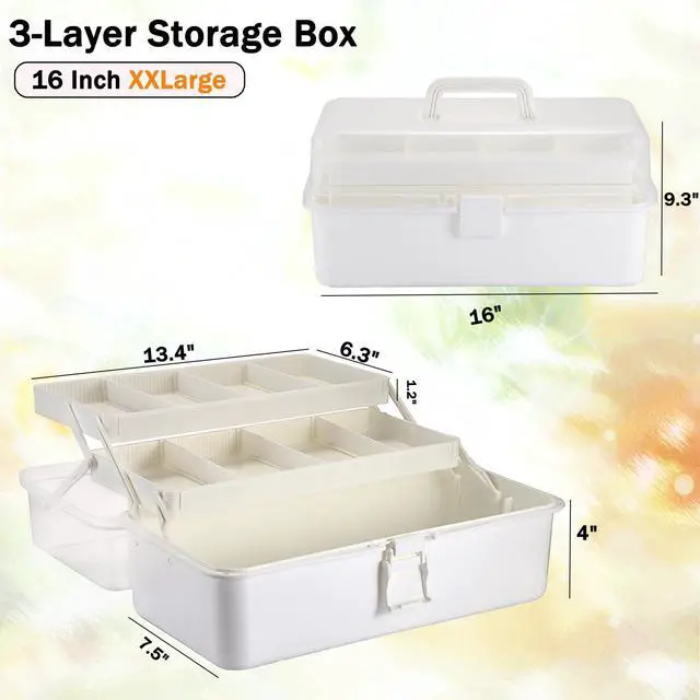 Alt view image 2 of 7 - Tackle Box, 16-Inch Extra Large Art Storage Box with 3-Layer Folding Trays