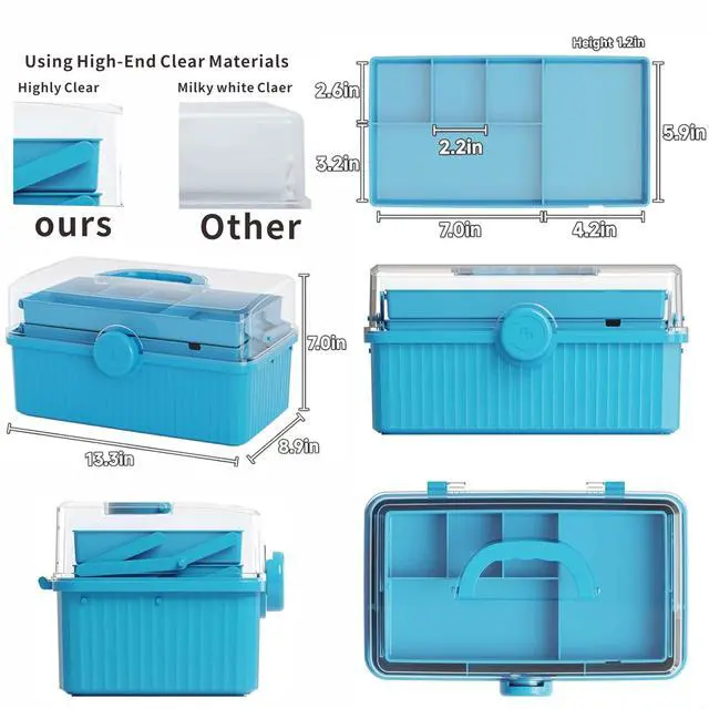 Alt view image 2 of 7 - 13.3in 3-Layer Multipurpose Craft Storage and Sewing Box,Plastic Folding Box for Medication/First aid/Medicine/Craft/Ivf Medication Organizer and Art Supplies Storage,Blue
