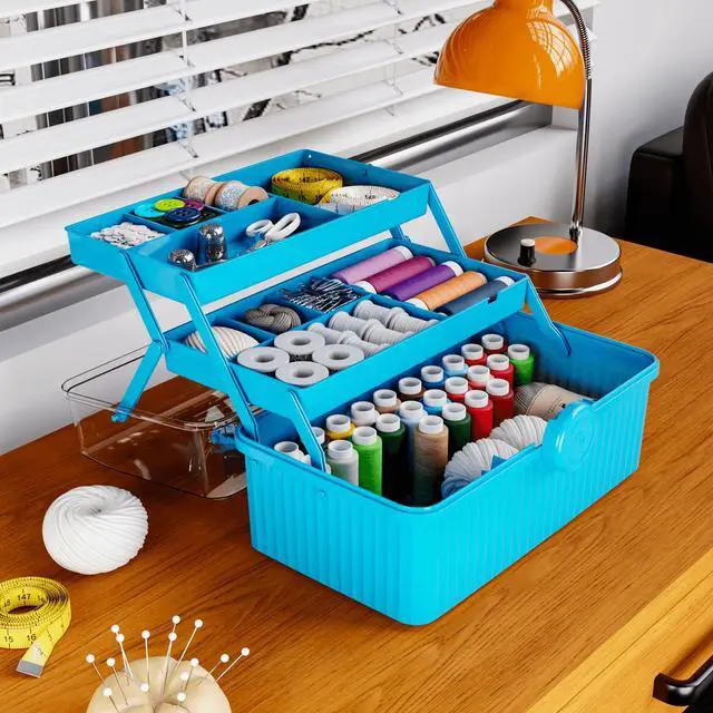 Alt view image 4 of 7 - 13.3in 3-Layer Multipurpose Craft Storage and Sewing Box,Plastic Folding Box for Medication/First aid/Medicine/Craft/Ivf Medication Organizer and Art Supplies Storage,Blue