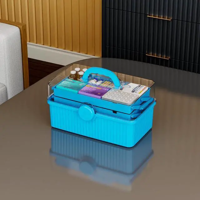 Alt view image 6 of 7 - 13.3in 3-Layer Multipurpose Craft Storage and Sewing Box,Plastic Folding Box for Medication/First aid/Medicine/Craft/Ivf Medication Organizer and Art Supplies Storage,Blue