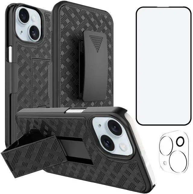 Main image of for iPhone 15 Stand Case, Belt Clip Holster Screen Protector-Black
