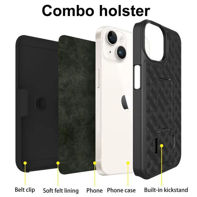 Alt view image 3 of 7 - for iPhone 15 Stand Case, Belt Clip Holster Screen Protector-Black