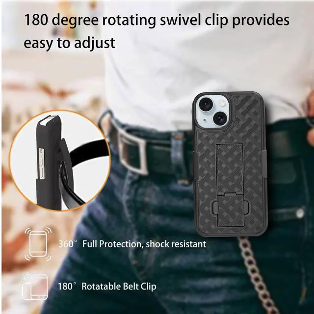 Alt view image 4 of 7 - for iPhone 15 Stand Case, Belt Clip Holster Screen Protector-Black