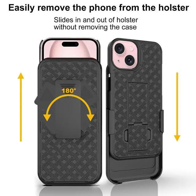 Alt view image 7 of 7 - for iPhone 15 Stand Case, Belt Clip Holster Screen Protector-Black