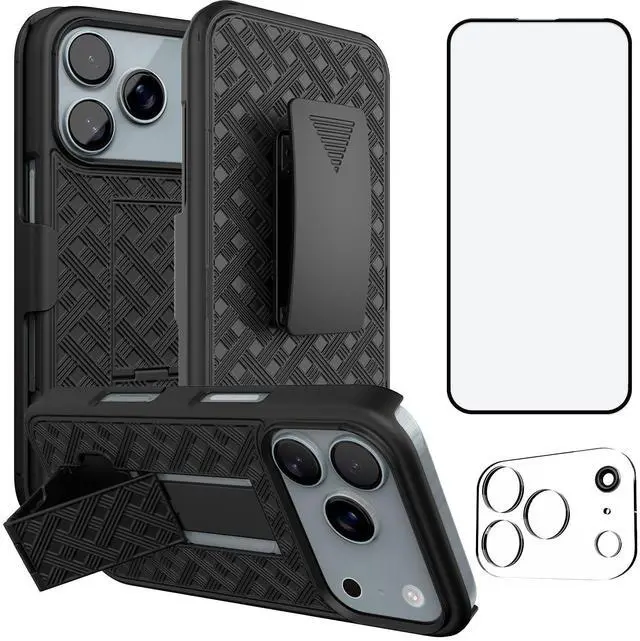 Main image of for iPhone 17 Pro Max Stand Case, Belt Clip, Screen Protector-Black