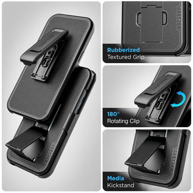 Alt view image 3 of 7 - for Belt Case with Holster Clip and Kickstand, Rubberized Finish (DuraClip Series), Black