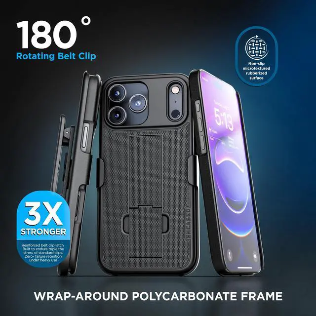 Alt view image 6 of 7 - for Belt Case with Holster Clip and Kickstand, Rubberized Finish (DuraClip Series), Black