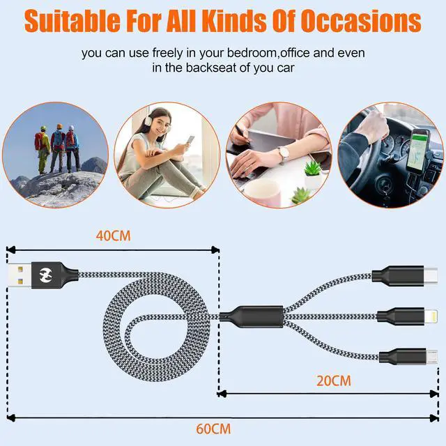 Alt view image 3 of 7 - Short 3 in 1 Multi Charging Cable 2ft 2Pack,MFi Certified fast charger cord