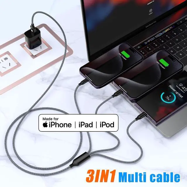 Alt view image 7 of 7 - Short 3 in 1 Multi Charging Cable 2ft 2Pack,MFi Certified fast charger cord
