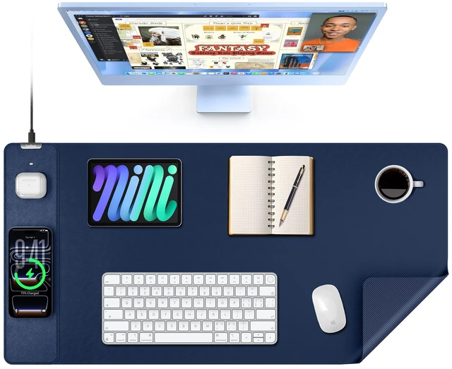 Main image of Mouse Pad with 15W Wireless Charging, XXL Large Leather Desk Mat, Blue Waterproof Gaming Mousepad Home Office Desk Pad Protector, Computer Keyboard Pad, Mouse Mat for MacBook, PC, Laptop