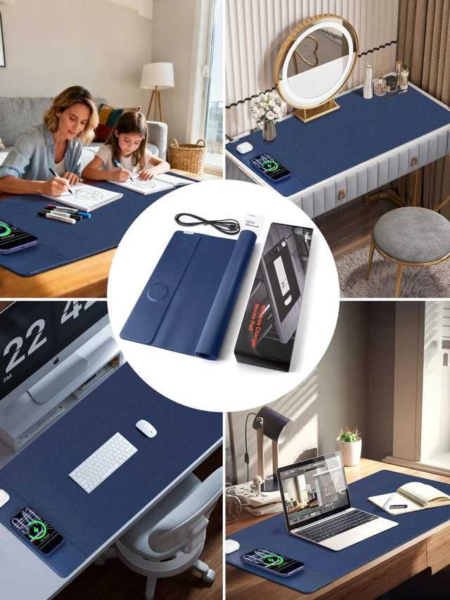 Alt view image 7 of 7 - Mouse Pad with 15W Wireless Charging, XXL Large Leather Desk Mat, Blue Waterproof Gaming Mousepad Home Office Desk Pad Protector, Computer Keyboard Pad, Mouse Mat for MacBook, PC, Laptop