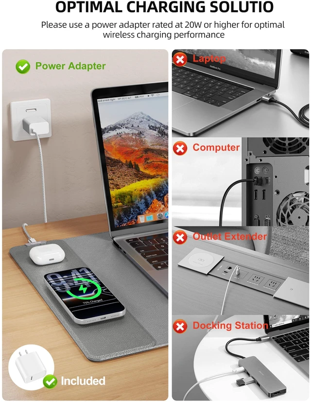 Alt view image 4 of 7 - Mouse Pad with 15W Wireless Charging, XXL Large Leather Desk Mat, Gray Waterproof Gaming Mousepad Home Office Desk Pad Protector with Non-Slip Base, Includes 20W PD Adapter & 6.56ft Woven Cable
