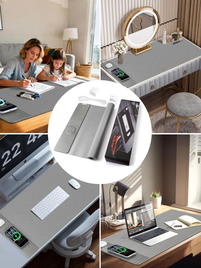Alt view image 7 of 7 - Mouse Pad with 15W Wireless Charging, XXL Large Leather Desk Mat, Gray Waterproof Gaming Mousepad Home Office Desk Pad Protector with Non-Slip Base, Includes 20W PD Adapter & 6.56ft Woven Cable