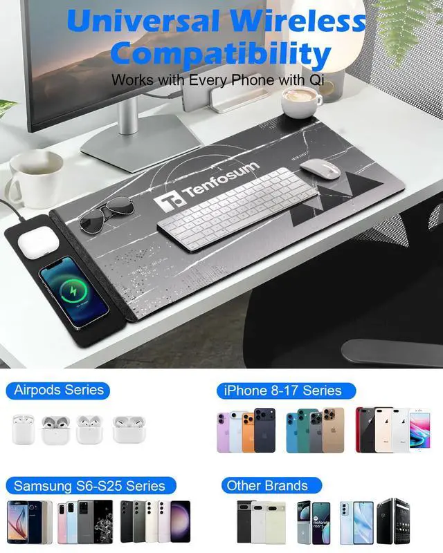 Alt view image 6 of 7 - 15W Wireless Charging Mousepad, Waterproof Non-Slip Large Mouse Pad(68x37cm) for Office/Home/Gaming,Compatible with iPhone/Android/Headphones, Easy to Clean Desk Mat