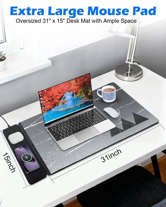 Alt view image 7 of 7 - 15W Wireless Charging Mousepad, Waterproof Non-Slip Large Mouse Pad(68x37cm) for Office/Home/Gaming,Compatible with iPhone/Android/Headphones, Easy to Clean Desk Mat