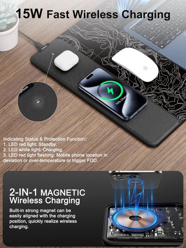 Alt view image 2 of 7 - Mouse Pad with Wireless Charging, Large Desk Mat, Black Topographic Map #3 31.5"x15.75" Gaming Waterproof Desk Pad with Smooth Surface, Non-Slip Base, Includes 20W PD Adapter & 6.56ft Woven Cable