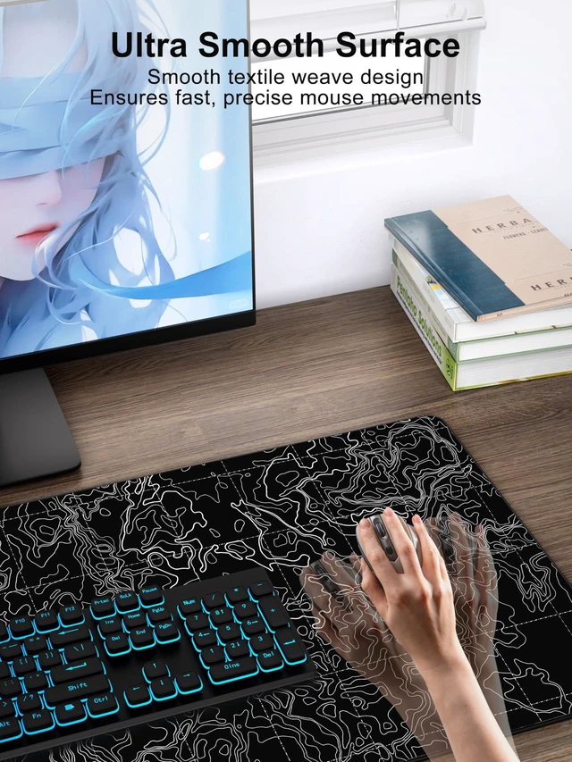 Alt view image 4 of 7 - Mouse Pad with Wireless Charging, Large Desk Mat, Black Topographic Map #3 31.5"x15.75" Gaming Waterproof Desk Pad with Smooth Surface, Non-Slip Base, Includes 20W PD Adapter & 6.56ft Woven Cable