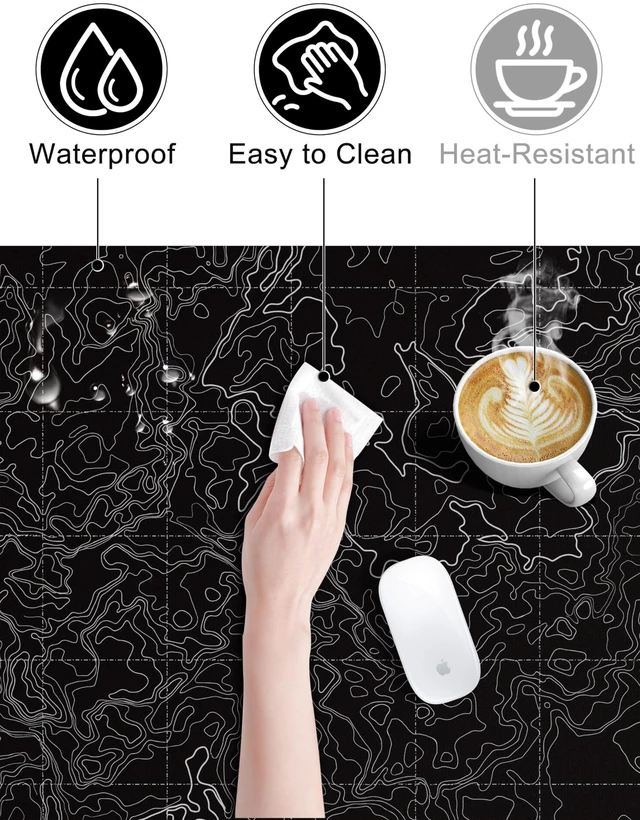 Alt view image 6 of 7 - Mouse Pad with Wireless Charging, Large Desk Mat, Black Topographic Map #3 31.5"x15.75" Gaming Waterproof Desk Pad with Smooth Surface, Non-Slip Base, Includes 20W PD Adapter & 6.56ft Woven Cable