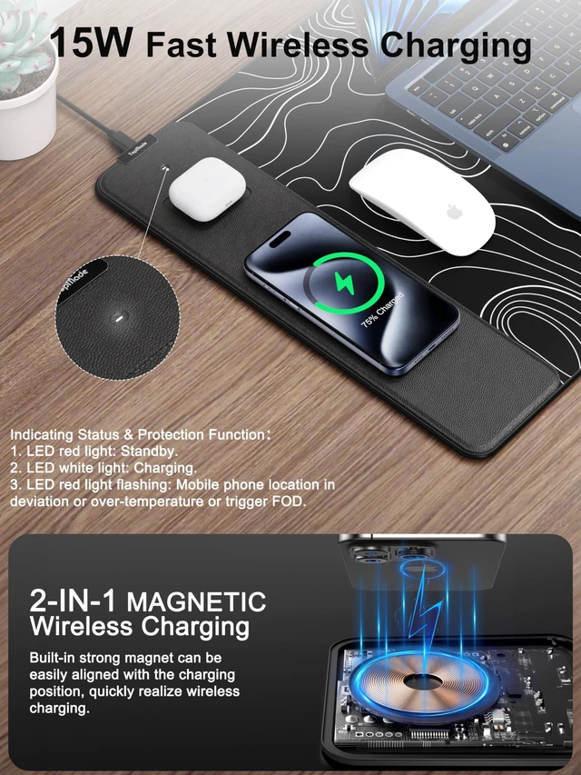 Alt view image 2 of 7 - Mouse Pad with Wireless Charging, Large Desk Mat, Black Topographic Map #3 31.5"x15.75" Gaming Waterproof Desk Pad with Smooth Surface, Non-Slip Base, Includes 20W PD Adapter & 6.56ft Woven Cable