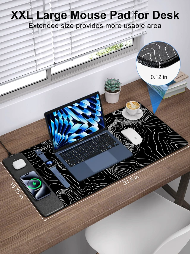 Alt view image 3 of 7 - Mouse Pad with Wireless Charging, Large Desk Mat, Black Topographic Map #3 31.5"x15.75" Gaming Waterproof Desk Pad with Smooth Surface, Non-Slip Base, Includes 20W PD Adapter & 6.56ft Woven Cable