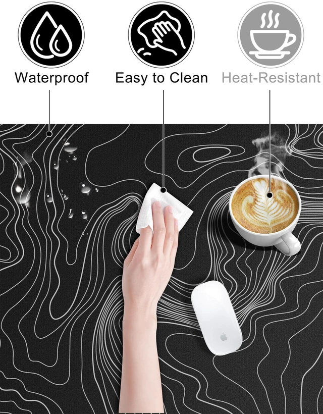 Alt view image 6 of 7 - Mouse Pad with Wireless Charging, Large Desk Mat, Black Topographic Map #3 31.5"x15.75" Gaming Waterproof Desk Pad with Smooth Surface, Non-Slip Base, Includes 20W PD Adapter & 6.56ft Woven Cable