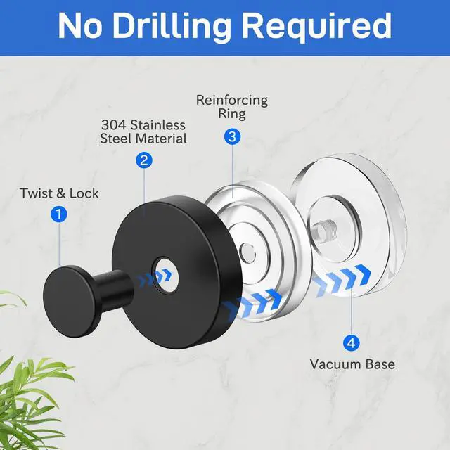 Alt view image 4 of 7 - Suction Cup Hooks for Shower 4 Packs Matte Black Towel Hooks for Bathrooms Wall Mounted Stainless Steel Bathroom Towel Hook for Shower Wall, Window Glass, No-Drill