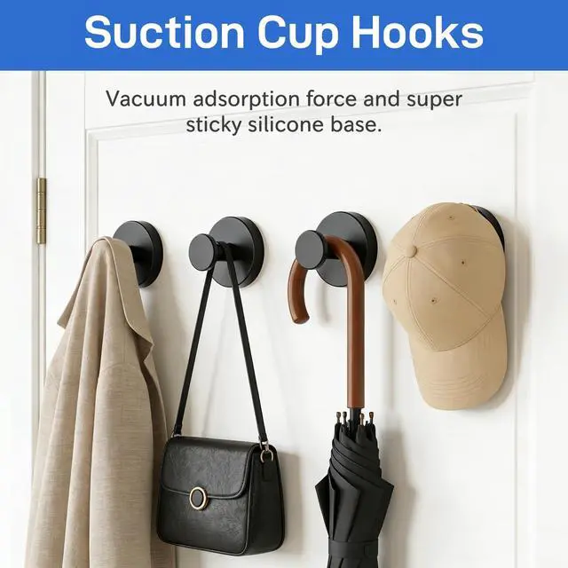 Alt view image 5 of 7 - Suction Cup Hooks for Shower 4 Packs Matte Black Towel Hooks for Bathrooms Wall Mounted Stainless Steel Bathroom Towel Hook for Shower Wall, Window Glass, No-Drill
