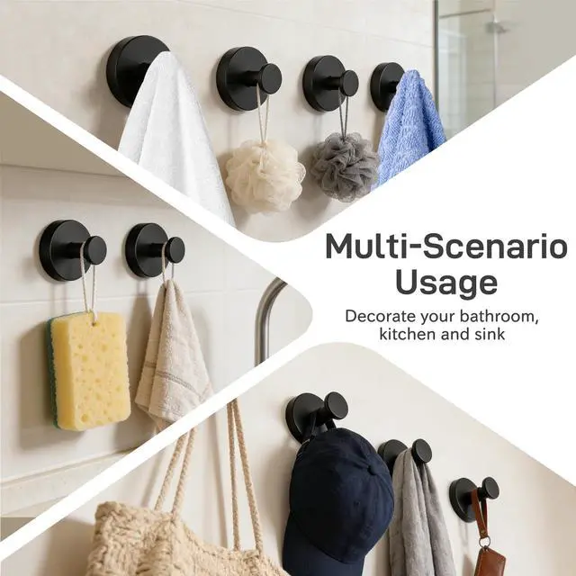Alt view image 6 of 7 - Suction Cup Hooks for Shower 4 Packs Matte Black Towel Hooks for Bathrooms Wall Mounted Stainless Steel Bathroom Towel Hook for Shower Wall, Window Glass, No-Drill
