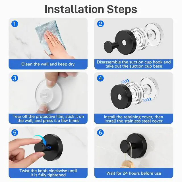 Alt view image 7 of 7 - Suction Cup Hooks for Shower 4 Packs Matte Black Towel Hooks for Bathrooms Wall Mounted Stainless Steel Bathroom Towel Hook for Shower Wall, Window Glass, No-Drill
