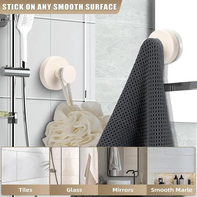 Alt view image 3 of 7 - Suction Cup Hooks for Shower No-Drill Bathroom Hooks for Towels, Robes, Loofah Mountable on Bathroom Walls, Kitchen, Glass, Mirrors, Tile and Smooth,Non-Porous Surfaces (2, Milk White)