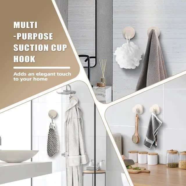 Alt view image 4 of 7 - Suction Cup Hooks for Shower No-Drill Bathroom Hooks for Towels, Robes, Loofah Mountable on Bathroom Walls, Kitchen, Glass, Mirrors, Tile and Smooth,Non-Porous Surfaces (2, Milk White)