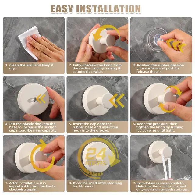Alt view image 5 of 7 - Suction Cup Hooks for Shower No-Drill Bathroom Hooks for Towels, Robes, Loofah Mountable on Bathroom Walls, Kitchen, Glass, Mirrors, Tile and Smooth,Non-Porous Surfaces (2, Milk White)
