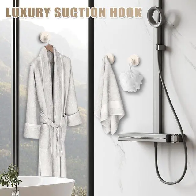 Alt view image 6 of 7 - Suction Cup Hooks for Shower No-Drill Bathroom Hooks for Towels, Robes, Loofah Mountable on Bathroom Walls, Kitchen, Glass, Mirrors, Tile and Smooth,Non-Porous Surfaces (2, Milk White)