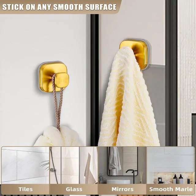 Alt view image 3 of 7 - Suction Cup Hooks for Shower - Resuable Bathroom Hooks for Towels, Robes & Loofah - No-Drill Mounting on Kitchen,Walls,Metal,Glass,Mirrors,Tile & Smooth Non-Porous Surfaces (4, Brushed Gold)