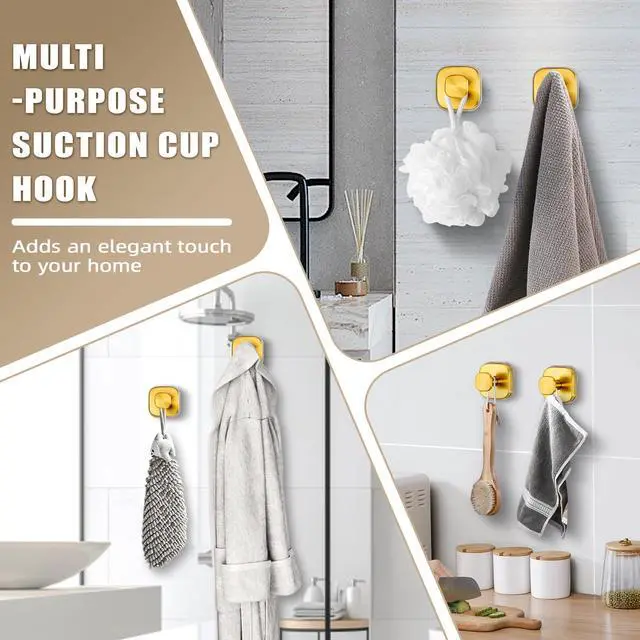 Alt view image 4 of 7 - Suction Cup Hooks for Shower - Resuable Bathroom Hooks for Towels, Robes & Loofah - No-Drill Mounting on Kitchen,Walls,Metal,Glass,Mirrors,Tile & Smooth Non-Porous Surfaces (4, Brushed Gold)