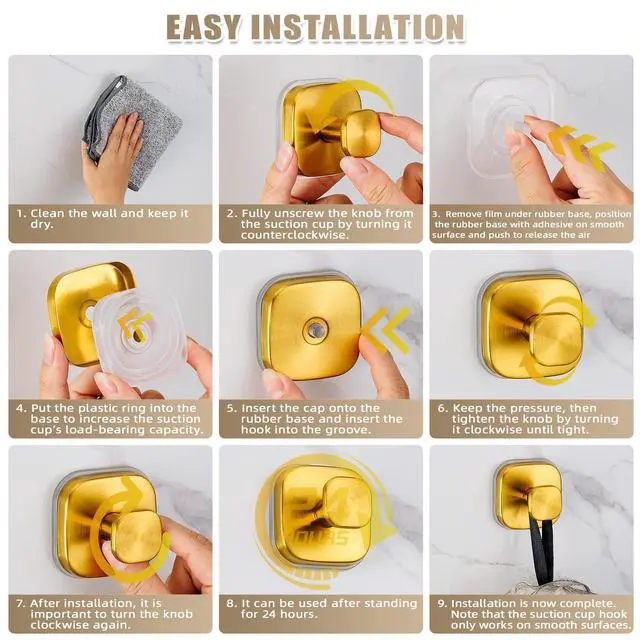 Alt view image 6 of 7 - Suction Cup Hooks for Shower - Resuable Bathroom Hooks for Towels, Robes & Loofah - No-Drill Mounting on Kitchen,Walls,Metal,Glass,Mirrors,Tile & Smooth Non-Porous Surfaces (4, Brushed Gold)