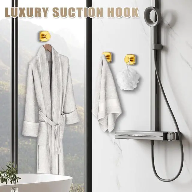 Alt view image 7 of 7 - Suction Cup Hooks for Shower - Resuable Bathroom Hooks for Towels, Robes & Loofah - No-Drill Mounting on Kitchen,Walls,Metal,Glass,Mirrors,Tile & Smooth Non-Porous Surfaces (4, Brushed Gold)