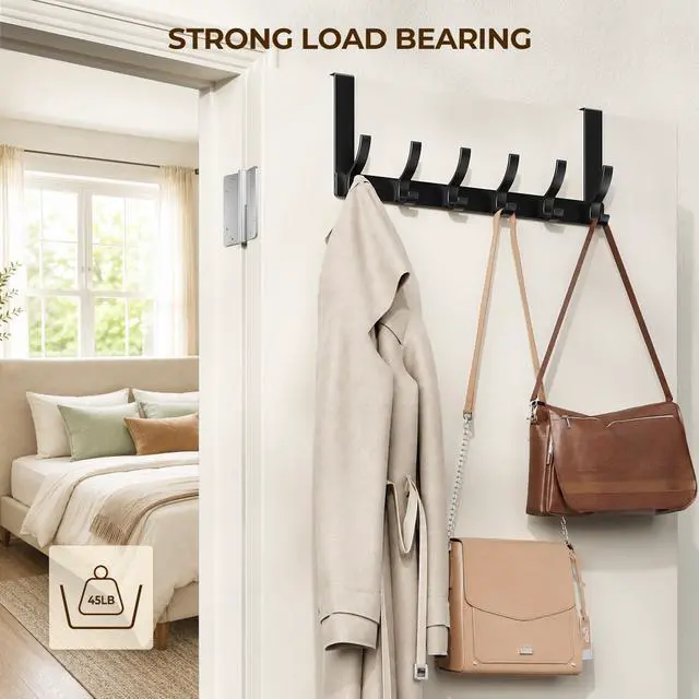 Alt view image 3 of 7 - Over The Door Hooks, Door Hanger Hooks for Hanging, Towel Racks for Bathroom with 12 Coat Hook, Coat Rack College Dorm Essentials Bathroom Accessories1 Pack, Black