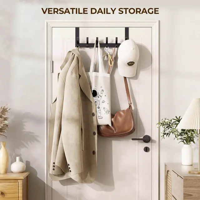 Alt view image 5 of 7 - Over The Door Hooks, Door Hanger Hooks for Hanging, Towel Racks for Bathroom with 12 Coat Hook, Coat Rack College Dorm Essentials Bathroom Accessories1 Pack, Black