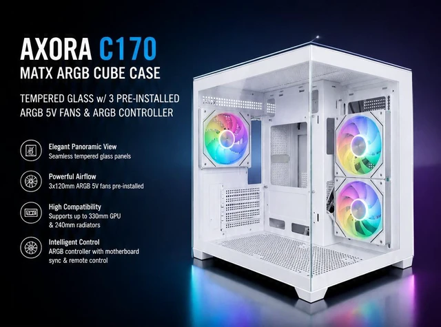 Main image of Axora C170 MATX ARGB Cube Case Tempered Glass w/ 3 Pre-installed ARGB 5v fans & ARGB Controller