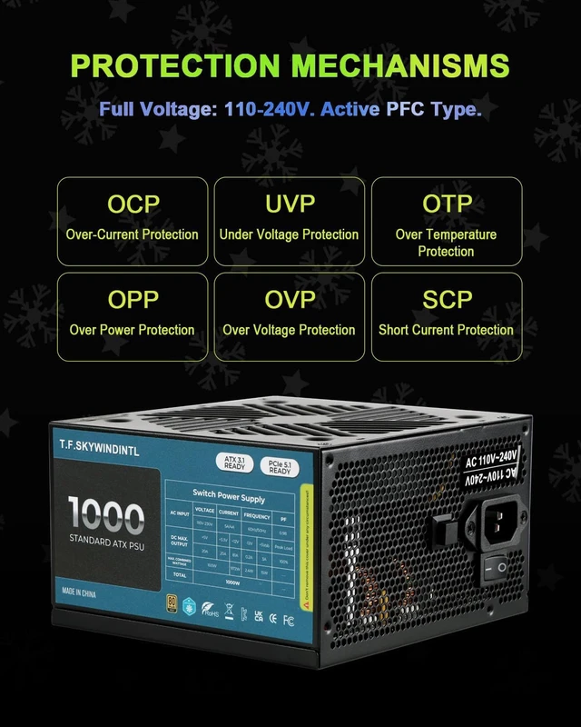 Alt view image 7 of 7 - 1000W Power Supply 80 Plus Gold ATX 3.1 & PCIe 5.1 Modular PSU 0-RPM Mode