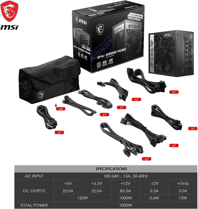 Alt view image 7 of 7 - msi MPG 1000W 80+ Gold Power Supply - 1000W 80+ Gold - 100% Japanese Capacitors - Compatible with PCIe 5.0 Graphics Cards - 1 Fan(s)