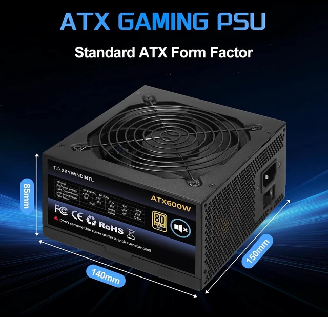 Alt view image 7 of 7 - 600W Power Supply 80 Plus Gold Gaming PSU Non Modular ATX Form Factor